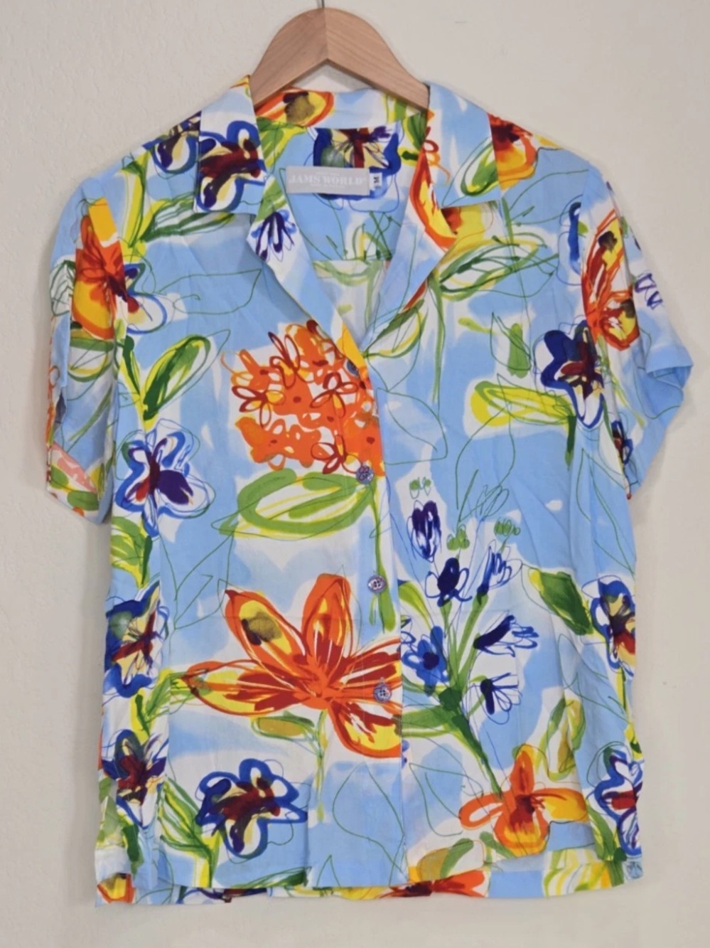 Jams World Water Garden Blue Hawaiian Style Floral Rayon Aloha Shirt Size M